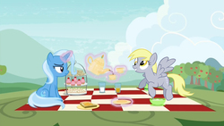 Size: 1280x720 | Tagged: safe, artist:illuminatiums, edit, edited screencap, editor:secrettitan, screencap, derpy hooves, trixie, pegasus, pony, unicorn, student counsel, bread, cloud, cup, cupcake, female, flying, food, frown, glowing horn, horn, lonely, magic, magic aura, mare, picnic, picnic blanket, ponyville, sandwich, show accurate, sitting, solo, sweet apple acres, tea, teacup, teapot, telekinesis