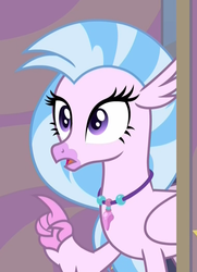 Size: 764x1054 | Tagged: safe, screencap, silverstream, classical hippogriff, hippogriff, g4, student counsel, confused, cropped, female, i have several questions, open mouth, pointing, raised finger, reaction image, solo, speechless, surprised, wide eyes
