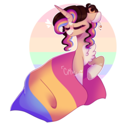 Size: 1000x1000 | Tagged: safe, artist:moon-rose-rosie, oc, oc only, oc:melanie (moon-rose-rosie), pony, unicorn, chest fluff, coat markings, eyes closed, facial markings, female, hair bun, horn, lightly watermarked, mare, pale belly, pansexual pride flag, pride, pride flag, raised hoof, snip (coat marking), socks (coat markings), solo, star (coat marking), turned head, unicorn oc, watermark
