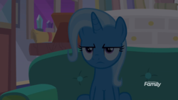 Size: 1920x1080 | Tagged: safe, screencap, trixie, pony, unicorn, g4, student counsel, annoyed, couch, dark, female, lidded eyes, mare, solo, trixie is not amused, unamused