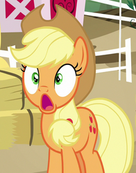 Size: 493x630 | Tagged: safe, screencap, applejack, earth pony, pony, g4, going to seed, season 9, :o, applejack's hat, cowboy hat, cropped, faic, female, hat, hay bale, mare, open mouth, shocked, silly, silly pony, solo, who's a silly pony