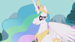 Size: 1280x720 | Tagged: safe, screencap, princess celestia, alicorn, pony, g4, swarm of the century, crown, disappointed, ethereal mane, female, flowing mane, jewelry, mare, regalia, solo, spread wings, wings