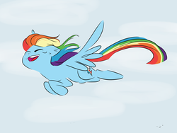 Size: 1280x960 | Tagged: safe, artist:drawbauchery, rainbow dash, pegasus, pony, cute, dashabetes, eyes closed, female, flying, mare, open mouth, sky, solo, spread wings, wings