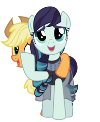Size: 1440x1750 | Tagged: source needed, safe, artist:jhayarr23, edit, applejack, coloratura, pony, g4, 1000 years in photoshop, hoof around neck, hug, open mouth, raised hoof, simple background, transparent background