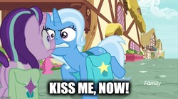 Size: 888x499 | Tagged: safe, edit, edited screencap, screencap, starlight glimmer, trixie, g4, student counsel, boop, caption, female, image macro, lesbian, meme, noseboop, ship:startrix, shipping, text, trixie yells at everything