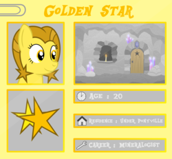 Size: 5400x5000 | Tagged: safe, artist:devfield, oc, oc only, oc:golden star, pony, g4, archway, backstory, boulder, bust, candle, candlelight, cave, crystal, cutie mark, door, female, gem, glowing, keyhole, mare, paperclip, rock, shine, side view, smiling, solo, stalactite, stars, template, text, two toned mane, wood