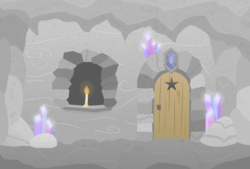 Size: 3400x2300 | Tagged: safe, artist:devfield, archway, boulder, candle, candlelight, cave, crystal, door, gem, glowing, high res, keyhole, no pony, rock, stalactite, stars, wood