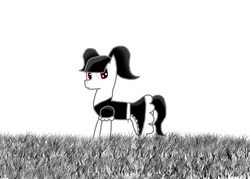 Size: 2100x1500 | Tagged: safe, artist:undeadponysoldier, oc, oc only, oc:foalita, earth pony, pony, black and white, clothes, cute, dress, female, filly, goth, gothic lolita, grass, grayscale, lolita fashion, looking at you, maid, monochrome, pigtails, simple background, skirt, solo, white background