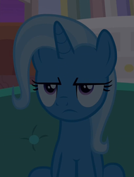 Size: 819x1080 | Tagged: safe, screencap, trixie, pony, g4, student counsel, couch, cropped, dark, female, mare, solo, trixie is not amused, unamused
