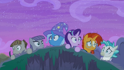 Size: 1920x1080 | Tagged: safe, screencap, maud pie, mudbriar, starlight glimmer, sunburst, terramar, trixie, classical hippogriff, earth pony, hippogriff, pony, unicorn, g4, student counsel, cliff, everfree forest, female, male, mare, night, scared, shrunken pupils, stallion, surprised, wide eyes