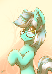 Size: 700x1000 | Tagged: safe, artist:chebypattern, lyra heartstrings, pony, unicorn, g4, abstract background, chest fluff, cute, ear fluff, female, glasses, looking at you, mare, smiling, solo