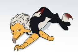 Size: 3035x2150 | Tagged: safe, artist:omegapex, oc, oc only, oc:mahlra, griffon, vulture, vulture griffon, beak, colored wings, griffon oc, high res, leonine tail, lying down, male, on side, paws, red eyes, simple background, solo, talons, white background, wings