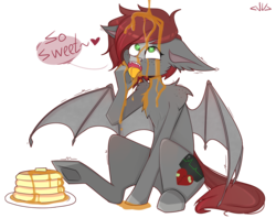 Size: 1024x809 | Tagged: safe, artist:golosaric, oc, oc only, bat pony, pony, ahegao, bat pony oc, food, heart eyes, open mouth, pancakes, simple background, solo, syrup, tongue out, transparent background, wingding eyes