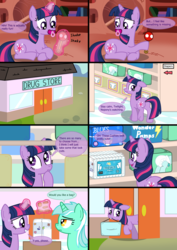 Size: 1350x1912 | Tagged: safe, artist:diaperdude, lyra heartstrings, twilight sparkle, pony, unicorn, comic:a foalish mind, g4, abdl, adult foal, bits, butt, comic, cushies, diaper, diaper package, floppy ears, magic, nervous, pacifier, plot, product placement, rattle, shopping