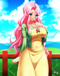 Size: 793x1000 | Tagged: safe, artist:jadenkaiba, fluttershy, human, g4, big breasts, breasts, busty fluttershy, clothes, commission, dress, eye clipping through hair, female, humanized, jacket, jewelry, long hair, necklace, solo