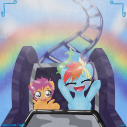 Size: 3000x3000 | Tagged: safe, artist:darkest-lunar-flower, rainbow dash, scootaloo, pegasus, pony, g4, cloud, cute, high res, open mouth, rainbow, roller coaster, scootalove, sky, sparkles, tracks, wingding eyes