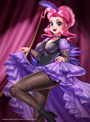 Size: 816x1100 | Tagged: safe, artist:racoonsan, pinkie pie, human, g4, over a barrel, adorasexy, alternate hairstyle, anime, beautiful, beautisexy, blue eyes, blushing, boots, breasts, busty pinkie pie, cabaret, choker, cleavage, clothes, collar, cute, diapinkes, dress, feather, female, fishnets, happy, high heel boots, humanized, legs, looking at you, moe, nail polish, pantyhose, pink hair, puffy sleeves, saloon dress, saloon pinkie, sexy, shoes, skirt, skirt lift, smiling, solo, stupid sexy pinkie, thighs, woman