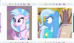 Size: 535x313 | Tagged: safe, screencap, silverstream, trixie, classical hippogriff, hippogriff, derpibooru, g4, student counsel, angry, confused, cropped, faic, female, i have several questions, juxtaposition, magic, meta, open mouth, pointing, raised finger, reaction image, shrunken pupils, speechless, surprised, wide eyes