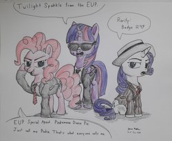 Size: 3004x2448 | Tagged: safe, artist:rockhoppr3, pinkie pie, rarity, twilight sparkle, alicorn, pony, g4, clothes, cole phelps, cosplay, costume, deadly premonition, francis york morgan, heavy rain, high res, l.a. noire, norman jayden, suit, traditional art, twilight sparkle (alicorn)