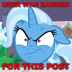 Size: 1000x1000 | Tagged: safe, edit, edited screencap, screencap, trixie, pony, unicorn, derpibooru, g4, student counsel, angry, cropped, cross-popping veins, ears back, female, furious, mare, meta, solo, text, user was banned for this post