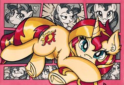 Size: 2048x1413 | Tagged: safe, artist:canvymamamoo, sunset shimmer, pony, unicorn, g4, ear fluff, female, floppy ears, heart, looking at you, lying down, mare, one eye closed, smiling, smug, solo, traditional art, underhoof