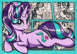 Size: 2048x1433 | Tagged: safe, artist:canvymamamoo, starlight glimmer, pony, unicorn, g4, collage, comic, cute, ear fluff, eating, female, floppy ears, food, glimmerbetes, glowing horn, horn, i mean i see, looking at you, lying down, magic, mare, muffin, mug, s5 starlight, smiling, solo, starlight says bravo, text, tongue out, traditional art