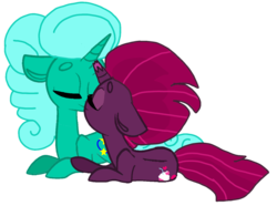 Size: 1414x1050 | Tagged: safe, alternate version, artist:徐詩珮, fizzlepop berrytwist, glitter drops, tempest shadow, pony, unicorn, g4, base used, broken horn, eyes closed, female, horn, kissing, lesbian, mare, nuzzling, ship:glittershadow, shipping, simple background, transparent background