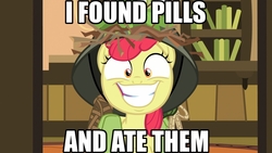 Size: 1024x576 | Tagged: safe, edit, edited screencap, editor:anonycat, screencap, apple bloom, pony, g4, going to seed, caption, creepy, creepy smile, female, filly, image macro, op is on drugs, slasher smile, smiling, snapple bloom, solo, text