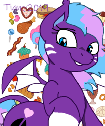 Size: 462x553 | Tagged: safe, artist:joey darkmeat, artist:tian, oc, oc only, oc:june shine, bat pony, pony, bacon, base used, bat pony oc, candy, drumstick, female, food, jelly beans, mare, meat, raised eyebrow, raised hoof, sandwich, solo, spread wings, wings