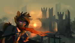 Size: 1280x743 | Tagged: safe, artist:tangomangoes, oc, oc only, earth pony, pony, castle, clothes, male, raised hoof, ruins, scabbard, scarf, scenery, solo, sword, weapon