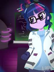 Size: 1800x2400 | Tagged: safe, artist:artmlpk, sci-twi, twilight sparkle, eqg summertime shorts, equestria girls, g4, mad twience, clothes, female, glasses, gloves, goggles, lab coat, laboratory, solo
