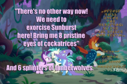 Size: 742x489 | Tagged: safe, edit, edited screencap, editor:pony-berserker, screencap, starlight glimmer, sunburst, terramar, trixie, hippogriff, pony, unicorn, g4, student counsel, cropped, discovery family logo, everfree forest, exorcism, female, glowing horn, horn, impact font, male, mare, possessed, runes, stallion, text, unsure