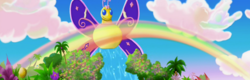 Size: 2811x902 | Tagged: safe, composite screencap, edit, edited screencap, screencap, butterfly, pony, friends are never far away, g3, butterfly island, cloud, flower, g3 panorama, panorama, rainbow, scenery, tree, waterfall