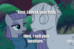 Size: 742x489 | Tagged: safe, edit, edited screencap, editor:pony-berserker, screencap, maud pie, mudbriar, earth pony, pony, g4, student counsel, cropped, duo, everfree forest, impact font, joke, petrification, reference, rockbriar, stone, warcraft, world of warcraft