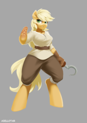 Size: 707x1000 | Tagged: safe, alternate version, artist:iloota, applejack, earth pony, anthro, unguligrade anthro, fanfic:my little pony: the unexpected future, g4, amputee, breasts, busty applejack, clothes, female, gray background, hook, looking at you, mare, missing hand, scar, simple background, solo