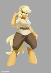 Size: 707x1000 | Tagged: safe, artist:iloota, applejack, earth pony, anthro, unguligrade anthro, g4, breasts, busty applejack, clothes, female, looking at you, mare, solo