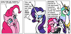 Size: 624x302 | Tagged: safe, artist:gingerfoxy, pinkie pie, princess celestia, rarity, alicorn, earth pony, pony, unicorn, pony comic generator, g4, comic, daymare, it's always sunny in philadelphia, keyboard, music