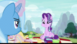 Size: 1000x575 | Tagged: safe, screencap, starlight glimmer, trixie, pony, unicorn, g4, season 9, student counsel, animated, annoyed, aweeg*, chewing, chipmunk cheeks, cucumber sandwiches, cup, cupcake, cute, discovery family logo, duo, eating, female, food, gif, glimmerbetes, glowing horn, happy, horn, magic, mare, picnic, picnic blanket, puffy cheeks, sandwich, sitting, teacup, teapot, unamused
