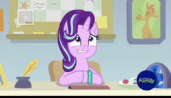 Size: 1000x575 | Tagged: safe, screencap, starlight glimmer, pony, unicorn, g4, season 9, student counsel, animated, blinking, cute, discovery family logo, female, floppy ears, fourth wall, gif, glimmerbetes, grin, josh haber, looking at you, mare, nervous smile, quill, sheepish grin, smiling