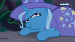 Size: 800x450 | Tagged: safe, edit, screencap, trixie, pony, g4, student counsel, animated, cartoonito logo, chewing, eating, female, puffy cheeks, scrunchy face, solo
