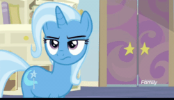 Size: 800x460 | Tagged: safe, screencap, november rain, trixie, pony, g4, student counsel, animated, book, discovery family logo, ears back, female, friendship student, growl, male, mare, scared, stallion, teary eyes, unamused