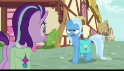 Size: 750x431 | Tagged: safe, screencap, starlight glimmer, trixie, pony, g4, student counsel, angry, animated, boop, discovery family logo, duo, female, glare, noseboop, ponyville, saddle bag, unamused