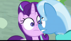 Size: 1000x575 | Tagged: safe, screencap, starlight glimmer, trixie, pony, g4, student counsel, angry, animated, boop, discovery family logo, female, noseboop, unamused