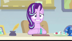 Size: 1280x736 | Tagged: safe, screencap, starlight glimmer, pony, g4, season 9, student counsel, animated, aside glance, awkward, candy, female, floppy ears, food, nervous, solo
