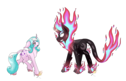 Size: 3499x2233 | Tagged: safe, artist:midnightfire1222, oc, oc only, oc:aine, oc:frosted mint, kirin, nirik, pony, unicorn, angry, duo, fire, frightened, high res, kirin oc, request, scared