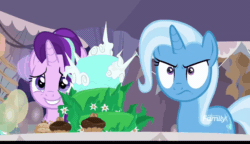 Size: 1280x736 | Tagged: safe, screencap, starlight glimmer, trixie, pony, unicorn, g4, student counsel, angry, animated, balloon, cake, cross-popping veins, cupcake, discovery family logo, equinox cake, female, floppy ears, food, frown, glare, growl