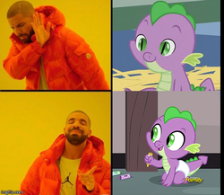 Size: 500x433 | Tagged: safe, edit, edited screencap, screencap, spike, dragon, g4, sparkle's seven, the cutie mark chronicles, baby, baby dragon, baby spike, crayon, crayon drawing, cropped, cute, diaper, drake, eyebrows, happy, hotline bling, improvement, male, newborn, smiling, solo, spikabetes, traditional art, young, younger