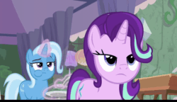 Size: 1280x736 | Tagged: safe, screencap, starlight glimmer, trixie, pony, unicorn, g4, season 9, student counsel, animated, chewing, duo, duo female, eating, female, gasp, gif, lidded eyes, magic, spoon, telekinesis