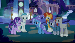 Size: 800x460 | Tagged: safe, screencap, maud pie, mudbriar, starlight glimmer, sunburst, terramar, trixie, earth pony, hippogriff, pony, unicorn, g4, student counsel, animated, discovery family logo, female, male, mare, school of friendship, stallion