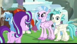 Size: 1000x575 | Tagged: safe, screencap, silverstream, starlight glimmer, terramar, trixie, classical hippogriff, hippogriff, g4, student counsel, animated, balloon, brother and sister, butt, cute, diastreamies, female, glimmer glutes, male, plot, siblings, terrabetes, trixie is not amused, unamused, waterfall